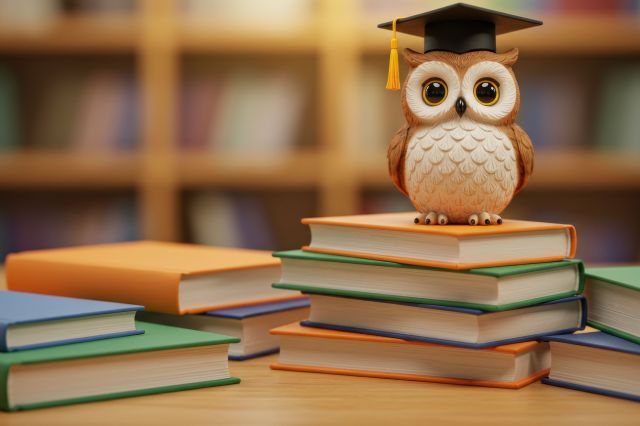 書籍がおかれたデスクと学生帽を被ったふくろうの置物