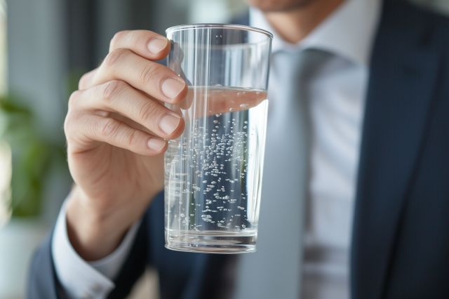 水が入ったコップを持つ男性